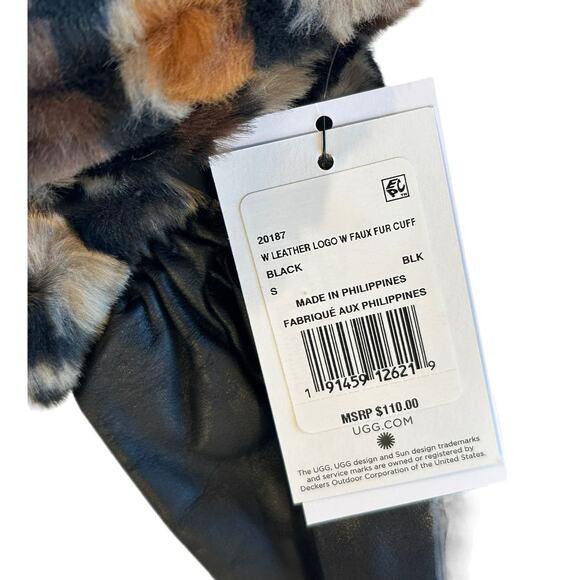 UGG Logo Leather & Faux Fur Cuff Gloves Small BLACK LEOPARD - Picture 11 of 11